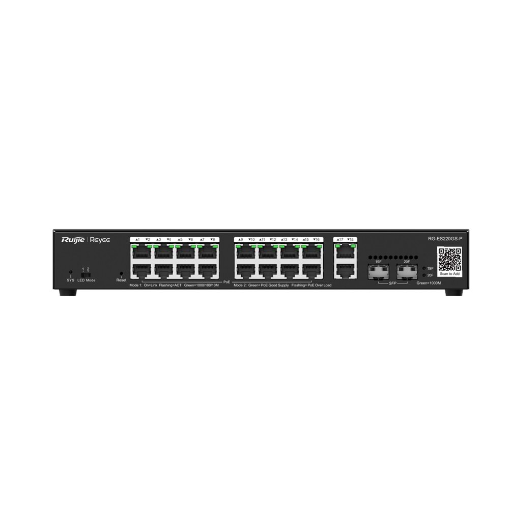 Ruijie-Reyee RG-ES220GS-P 16 Port Poe+ 10/100/1000 Mbps + 2 Port SFP + 2 Port Uplink Yönetilebilir