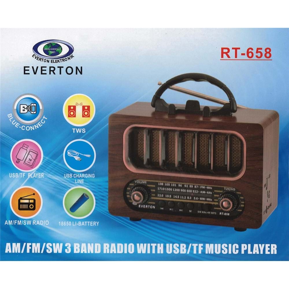 Everton Rt-658 Bluetooth Fm/Usb/Tf/Aux Şarjlı Nostaljik Radyo