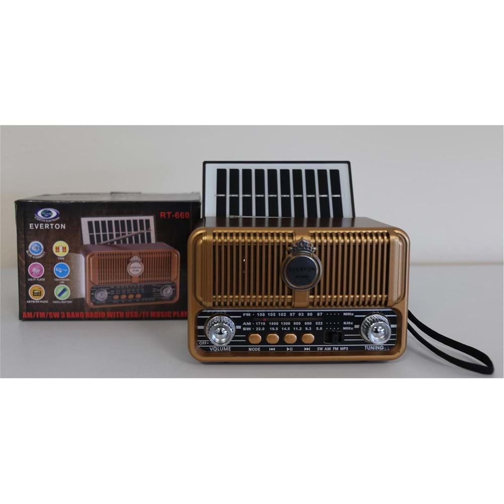 Everton Rt-660 Bluetooth Fm/Usb/Tf/Aux Şarjlı Nostaljik Radyo Solar (Güneş Panelli)