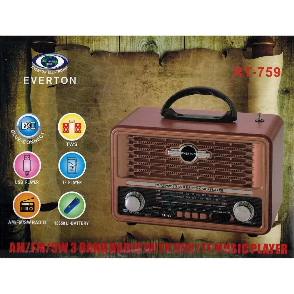 Everton Rt-759 Bluetooth Fm/Usb/Tf/Aux Şarjlı Nostaljik Radyo