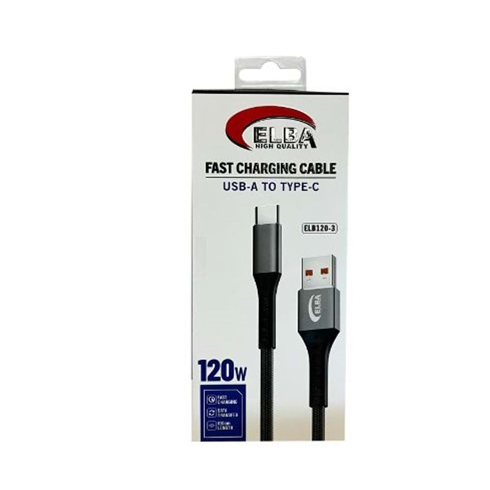 Elba Elb120-3 120w USBC Type-c To Usb 1Mt Siyah Örgülü Şarj Kablosu